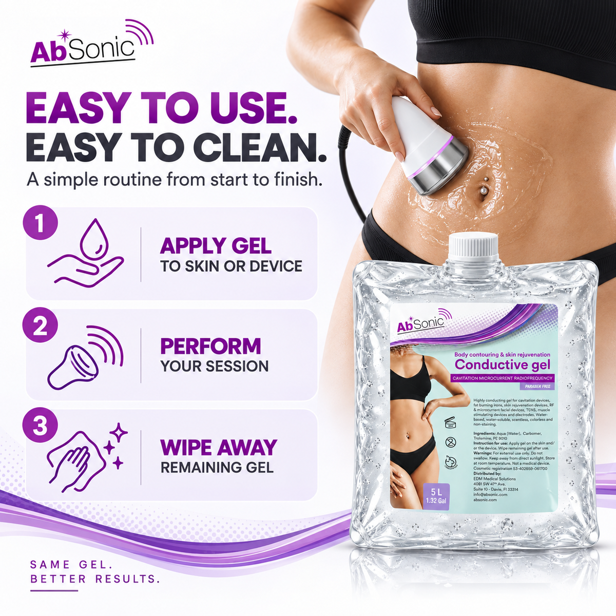 Absonic Conductive Gel for Cavitation Machine, Gel for Baby Doppler - Clear Ultrasonic Gel for Body Sculpting, Microcurrent, Water-Based - 5 L Pack