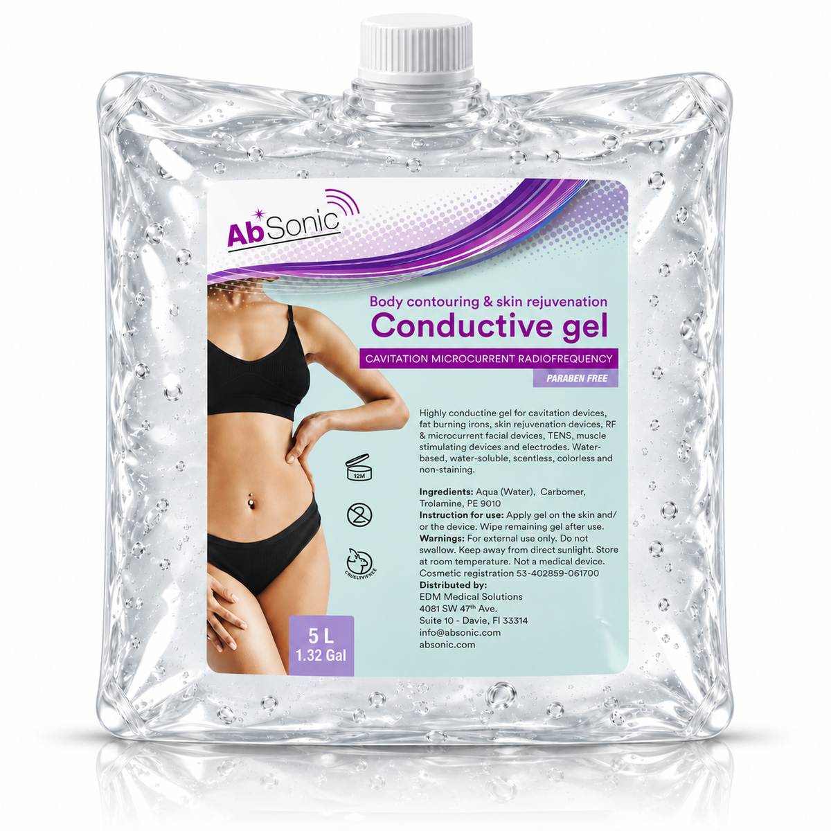 Absonic Conductive Gel for Cavitation Machine, Gel for Baby Doppler - Clear Ultrasonic Gel for Body Sculpting, Microcurrent, Water-Based - 5 L Pack