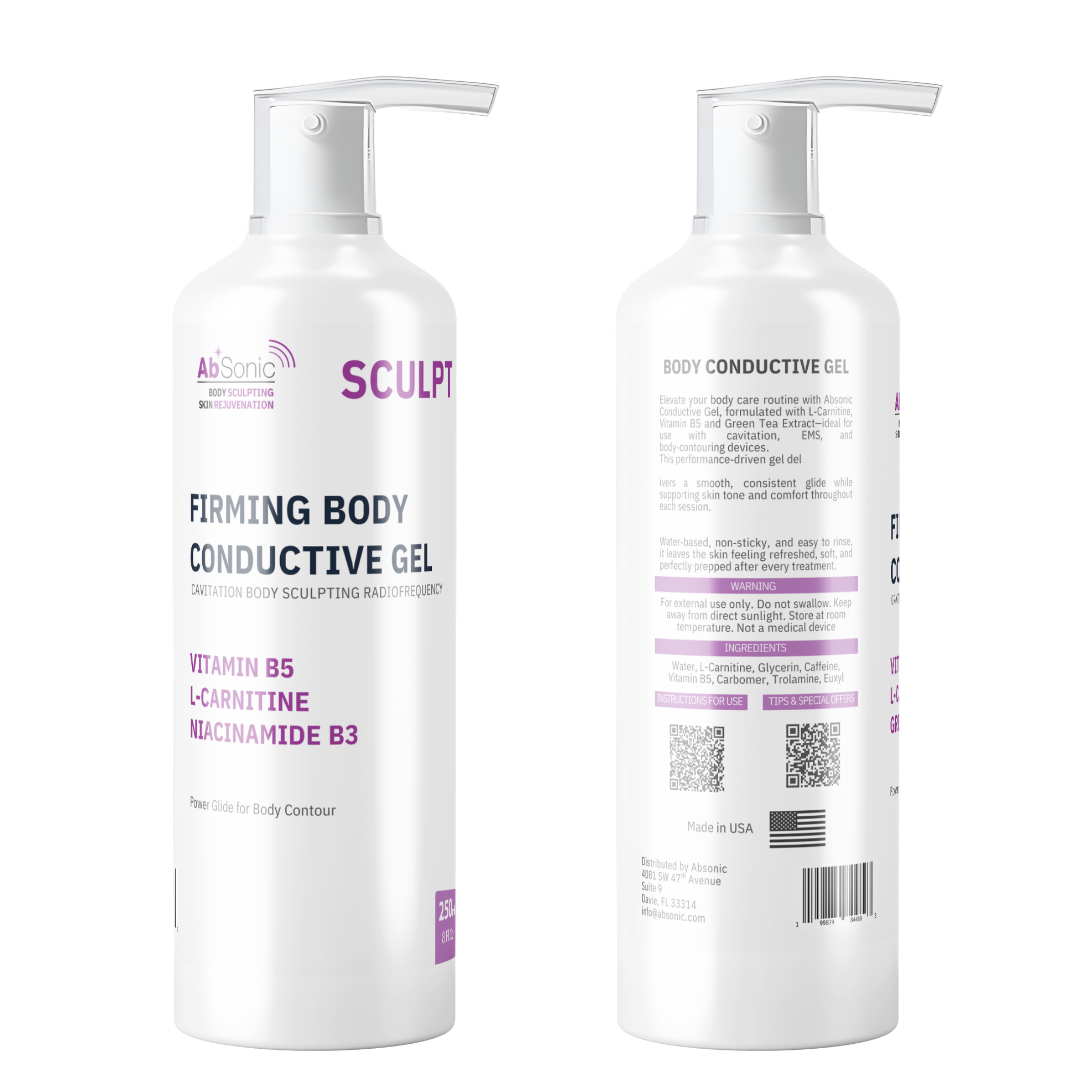 Front and back view of AbSonic Sculpt Firming Body Conductive Gel 250ml pump bottle, showing product label with key ingredients Vitamin B5, L-Carnitine, and Niacinamide B3 on the front, and full ingredient list, usage instructions, and Made in USA label on the back