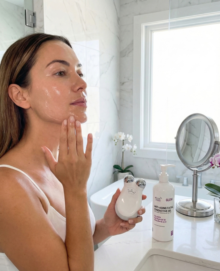 Applying AbSonic Glow conductive serum before a microcurrent facial session at home