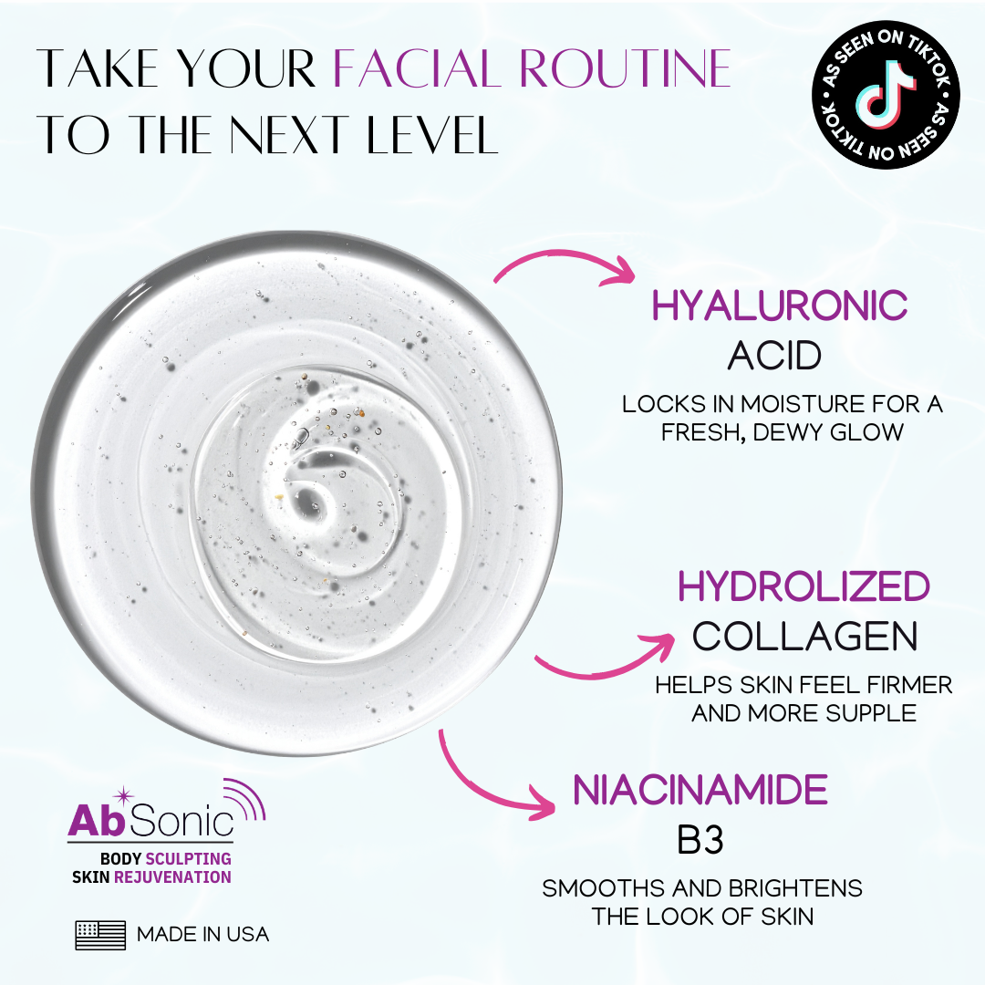 Clear gel droplet swatch with arrows pointing to three key ingredients and their benefits: Hyaluronic Acid for moisture and dewy glow, Hydrolized Collagen for firmer and suppler skin, and Niacinamide B3 for smoother and brighter skin, Made in USA