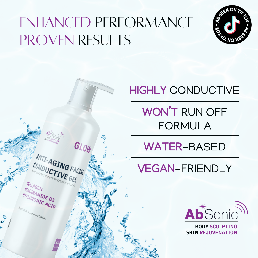 AbSonic Glow Conductive Gel bottle surrounded by water splashes, listing product benefits: highly conductive, won&