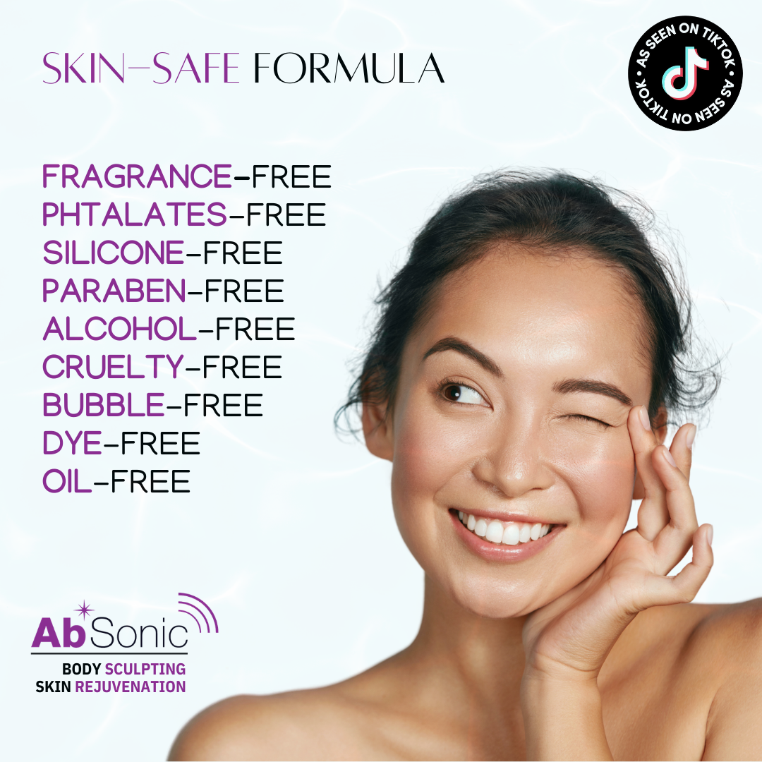 Smiling woman touching her face next to a list of AbSonic Glow gel certifications: fragrance-free, phthalates-free, silicone-free, paraben-free, alcohol-free, cruelty-free, bubble-free, dye-free, and oil-free