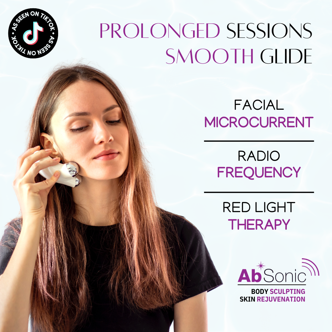 Woman using a facial microcurrent device on her cheek, with text highlighting AbSonic Glow gel compatibility with facial microcurrent, radiofrequency, and red light therapy treatments for prolonged smooth-glide sessions