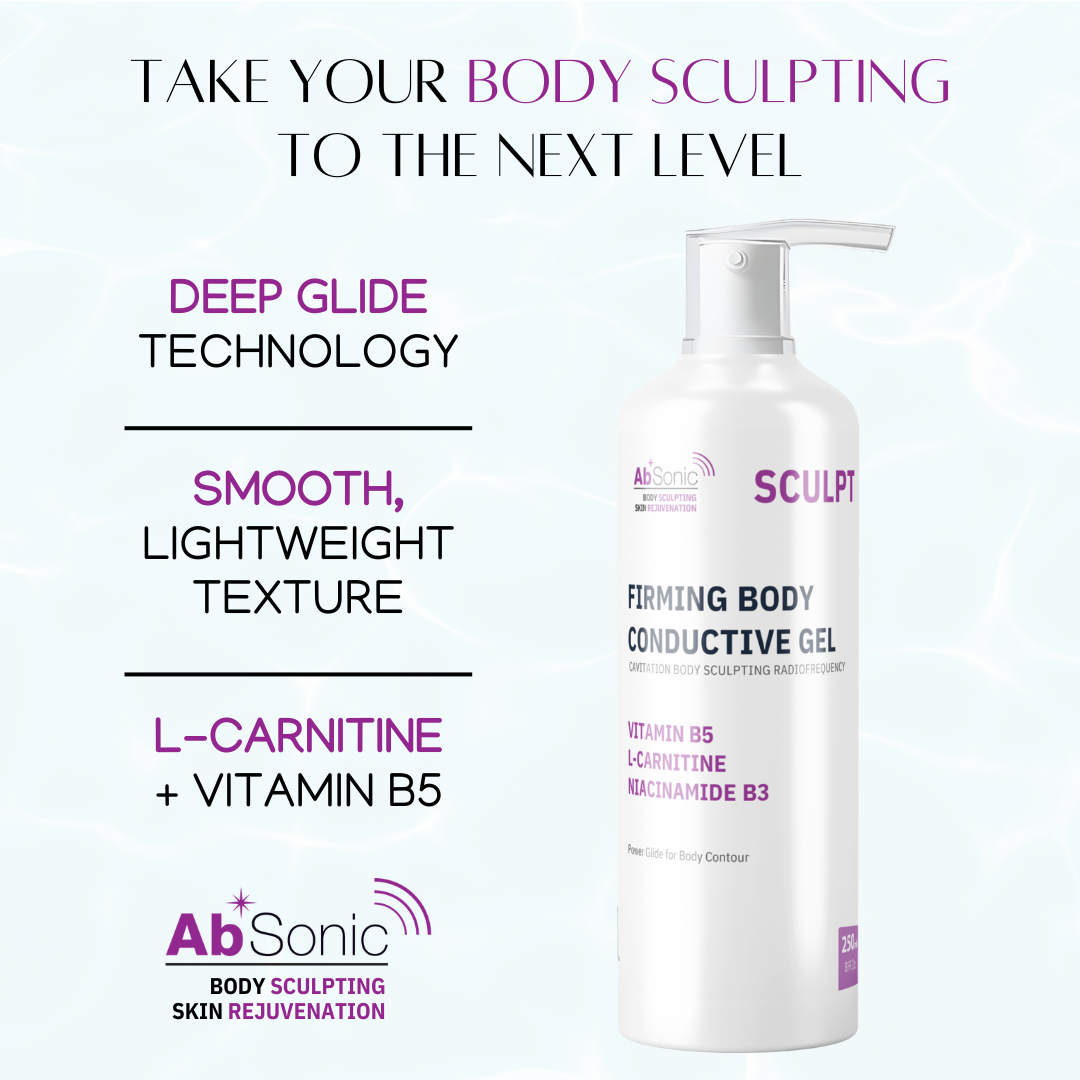 AbSonic Sculpt Firming Body Conductive Gel pump bottle highlighting Deep Glide Technology, smooth lightweight texture, and key ingredients L-Carnitine and Vitamin B5