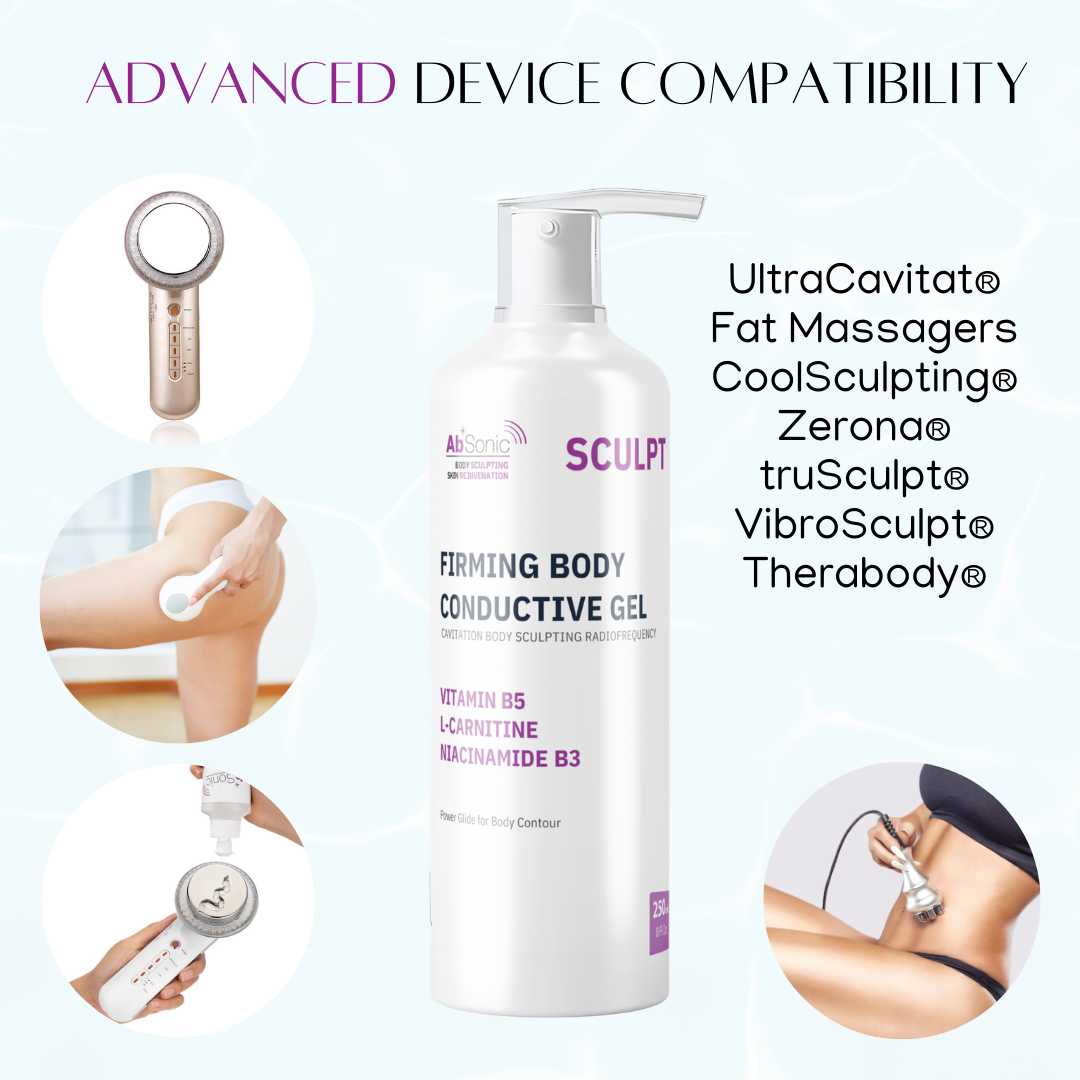 AbSonic Sculpt Firming Body Conductive Gel pump bottle surrounded by compatible body sculpting devices, listing brand compatibility with UltraCavitat, Fat Massagers, CoolSculpting, Zerona, truSculpt, VibroSculpt, and Therabody