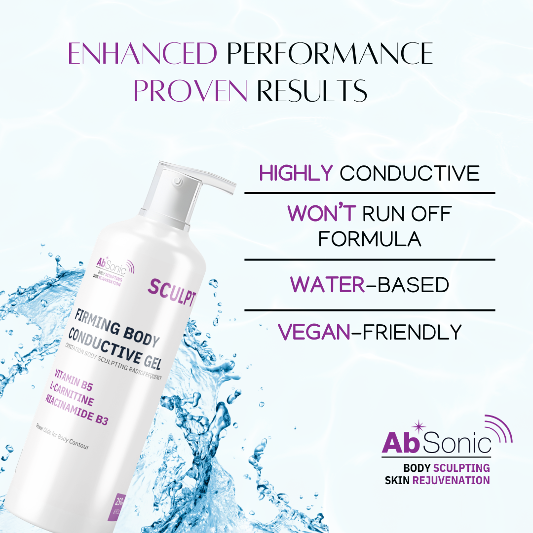 AbSonic Sculpt Firming Body Conductive Gel bottle surrounded by water splashes, listing product benefits: highly conductive, won&