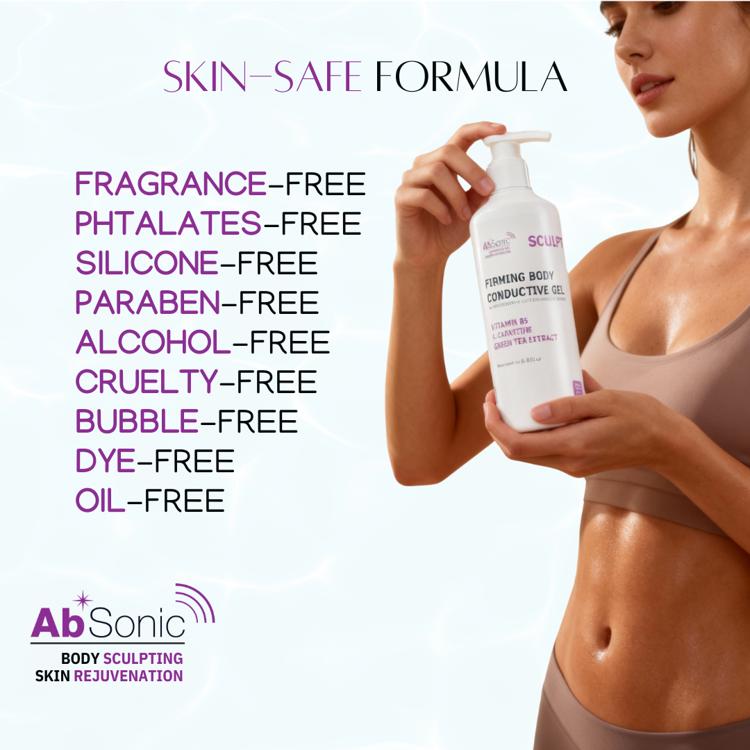 Woman in neutral activewear holding AbSonic Sculpt Firming Body Conductive Gel bottle beside a complete skin-safe certification list including fragrance-free, phthalates-free, silicone-free, paraben-free, alcohol-free, cruelty-free, bubble-free, dye-free, and oil-free