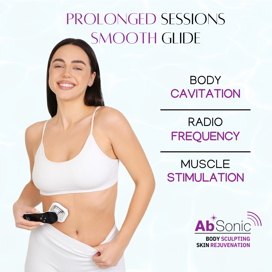 Smiling woman in white activewear applying a body sculpting device to her abdomen, with text listing AbSonic Sculpt gel compatibility with body cavitation, radiofrequency, and muscle stimulation treatments for prolonged smooth-glide sessions