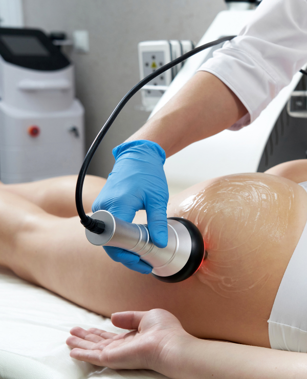 RF cavitation device on thigh with AbSonic Sculpt conductive gel during firming treatment