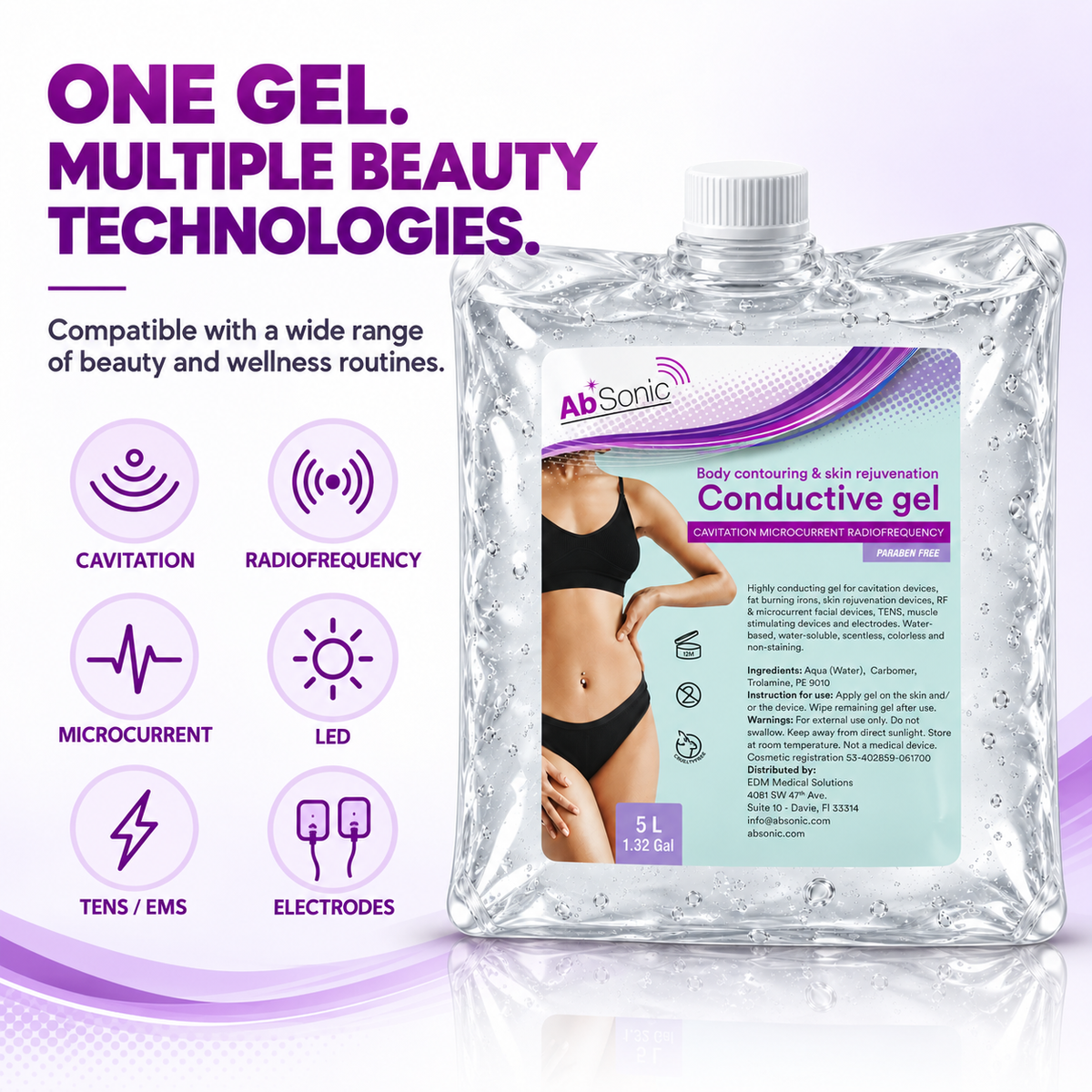 Absonic Conductive Gel for Cavitation Machine, Gel for Baby Doppler - Clear Ultrasonic Gel for Body Sculpting, Microcurrent, Water-Based - 5 L Pack