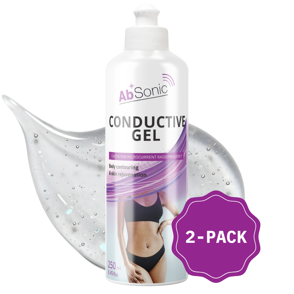 AbSonic conductive gel bottle with 2-pack label on a white background