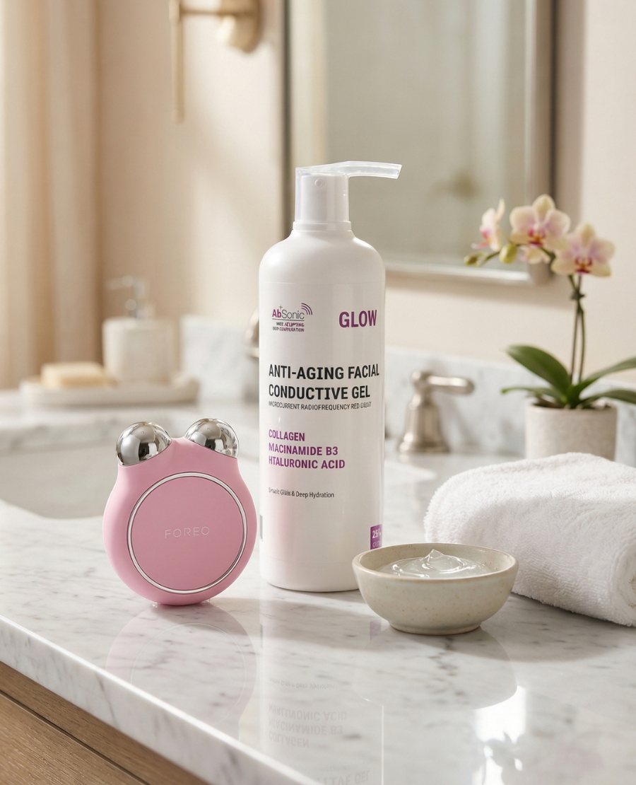 AbSonic Glow anti-aging facial conductive gel and serum bottles for microcurrent devices